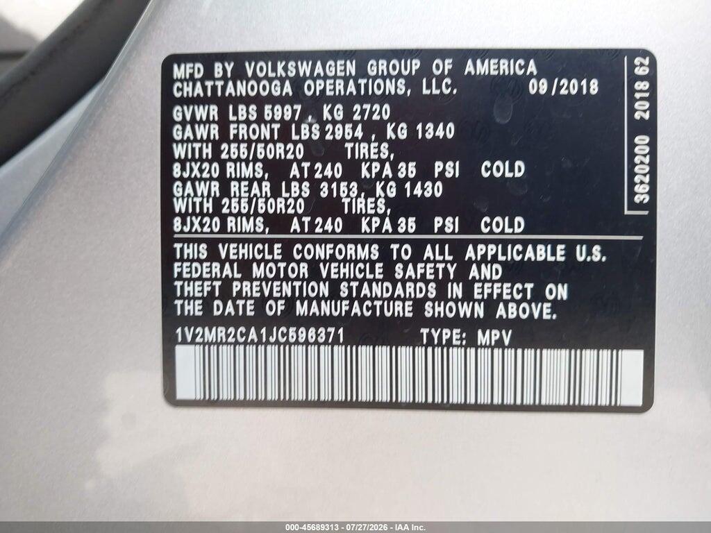1V2MR2CA1JC596371 2018 VOLKSWAGEN ATLAS photo no. 9