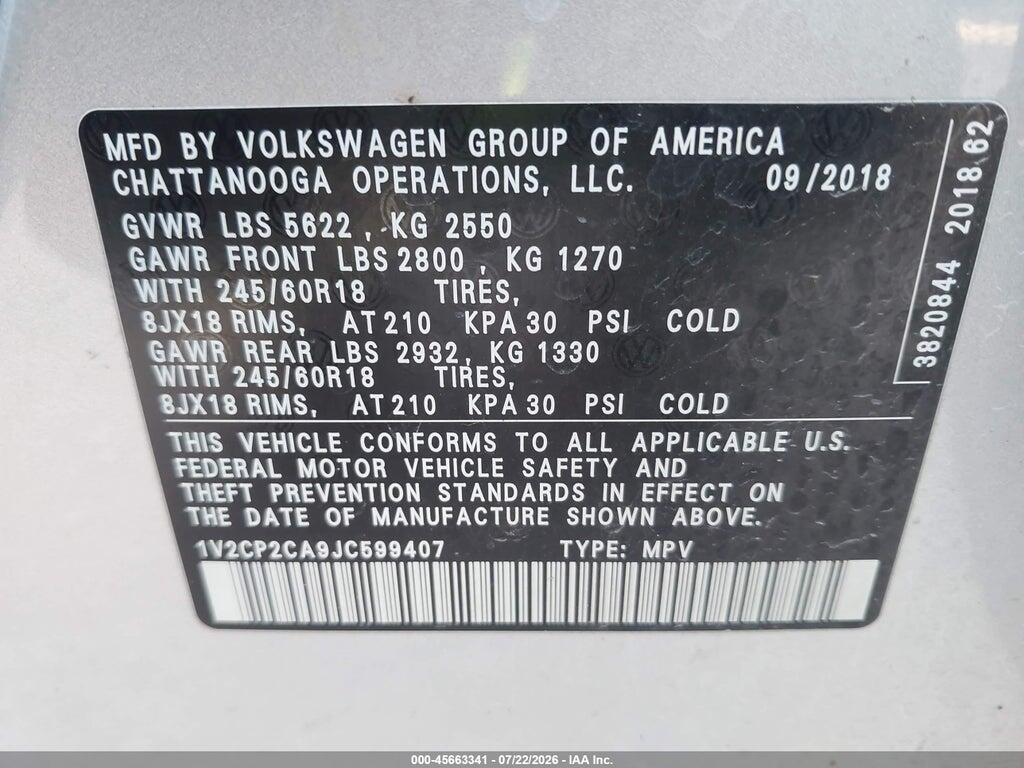 1V2CP2CA9JC599407 2018 VOLKSWAGEN ATLAS photo no. 9