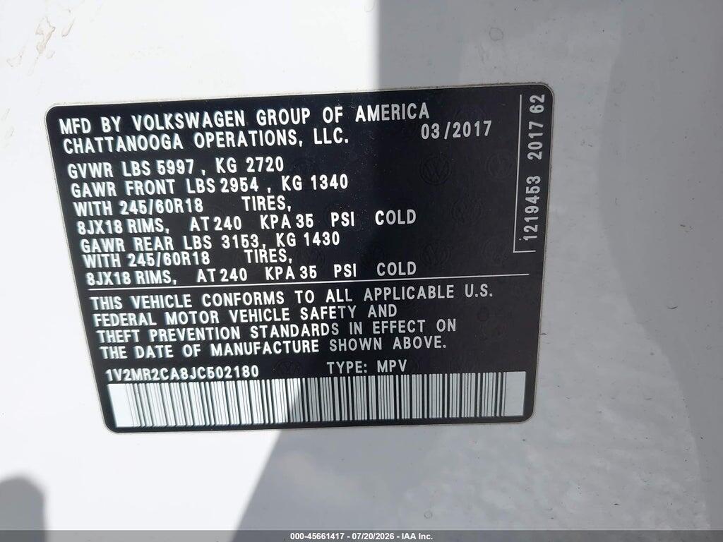 1V2MR2CA8JC502180 2018 VOLKSWAGEN ATLAS photo no. 9