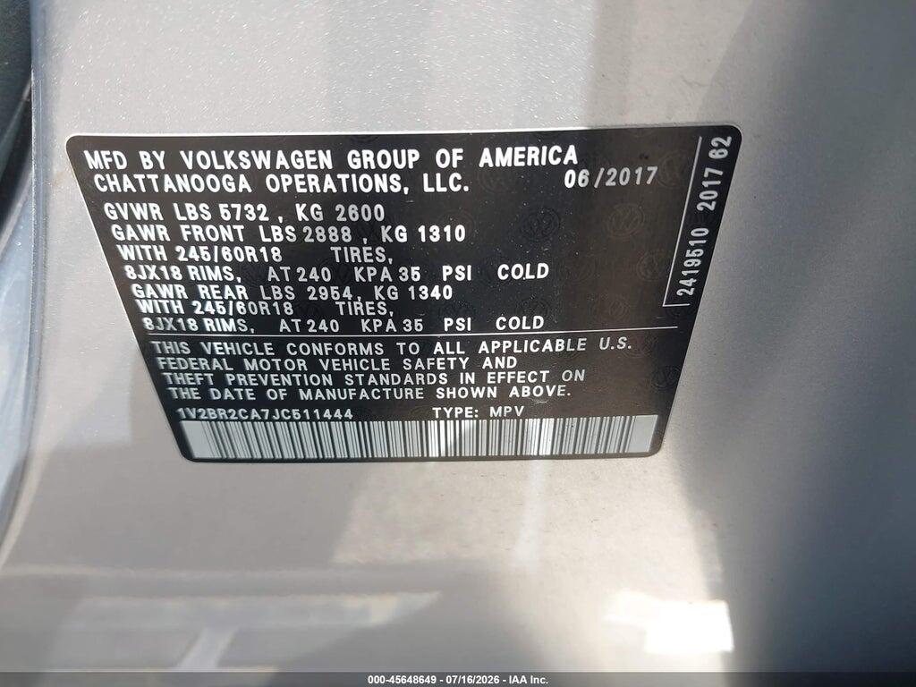 1V2BR2CA7JC511444 2018 VOLKSWAGEN ATLAS photo no. 9