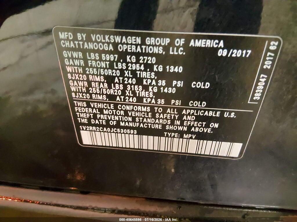 1V2RR2CA0JC530593 2018 VOLKSWAGEN ATLAS photo no. 9