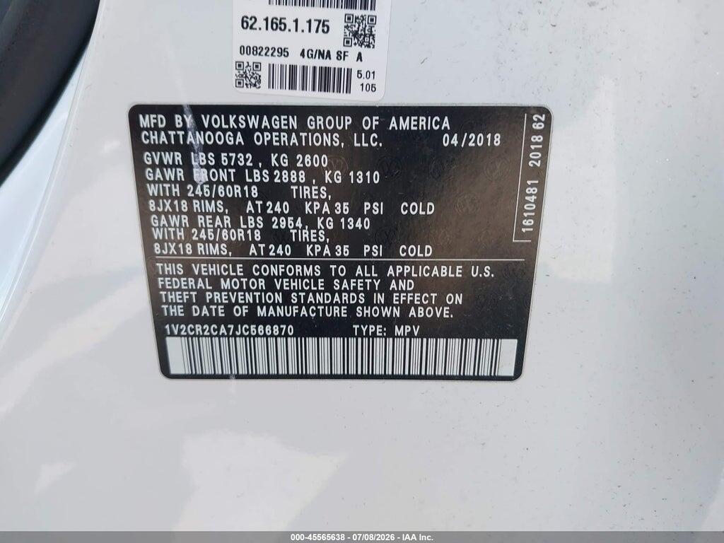1V2CR2CA7JC566870 2018 VOLKSWAGEN ATLAS photo no. 9