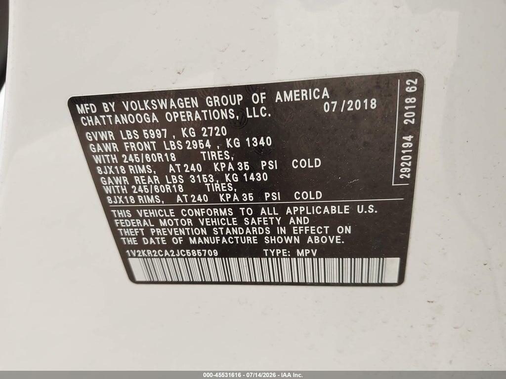 1V2KR2CA2JC585709 2018 VOLKSWAGEN ATLAS photo no. 9