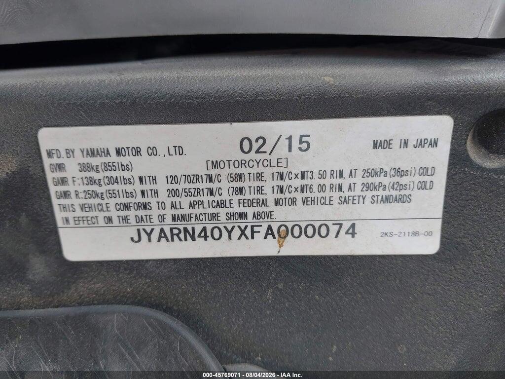 JYARN40YXFA000074 2015 YAMAHA YZFR1M photo no. 10