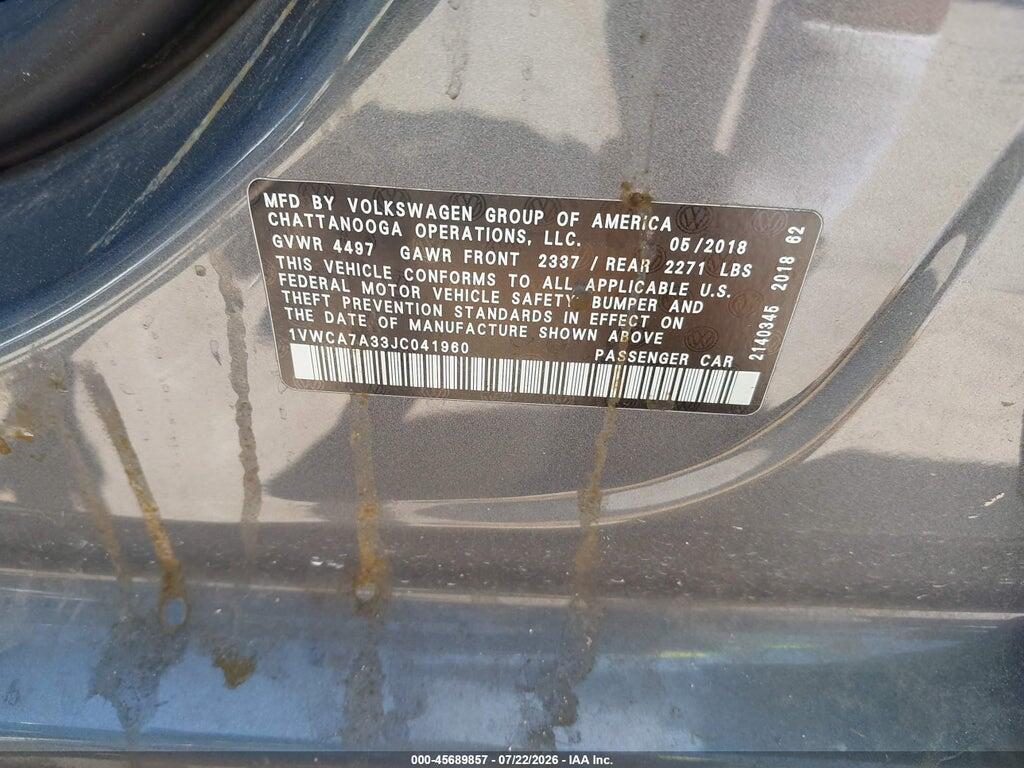 1VWCA7A33JC041960 2018 VOLKSWAGEN PASSAT photo no. 9