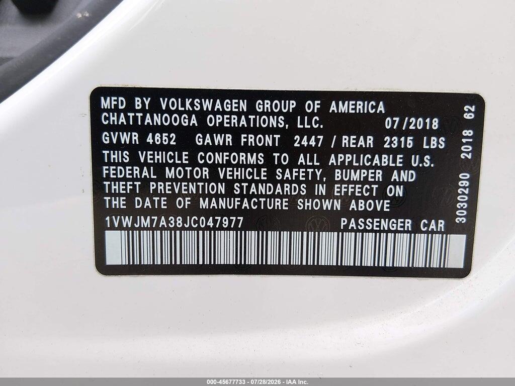 1VWJM7A38JC047977 2018 VOLKSWAGEN PASSAT photo no. 9