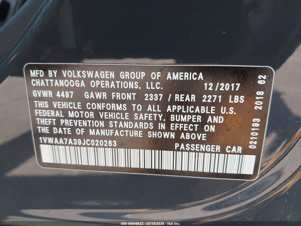 1VWAA7A39JC020263 2018 VOLKSWAGEN PASSAT photo no. 9