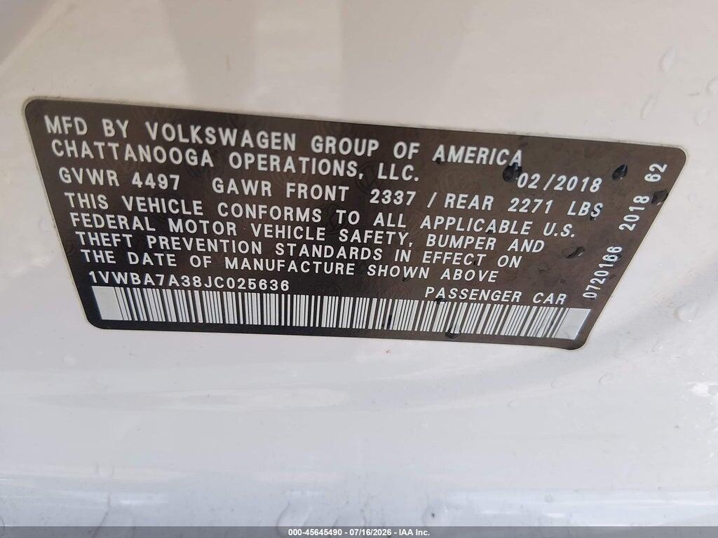1VWBA7A38JC025636 2018 VOLKSWAGEN PASSAT photo no. 9