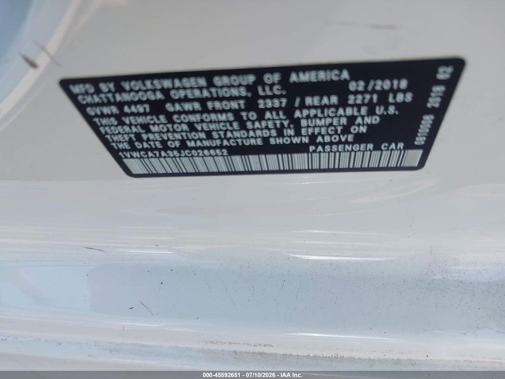 1VWCA7A35JC026652 2018 VOLKSWAGEN PASSAT photo no. 9