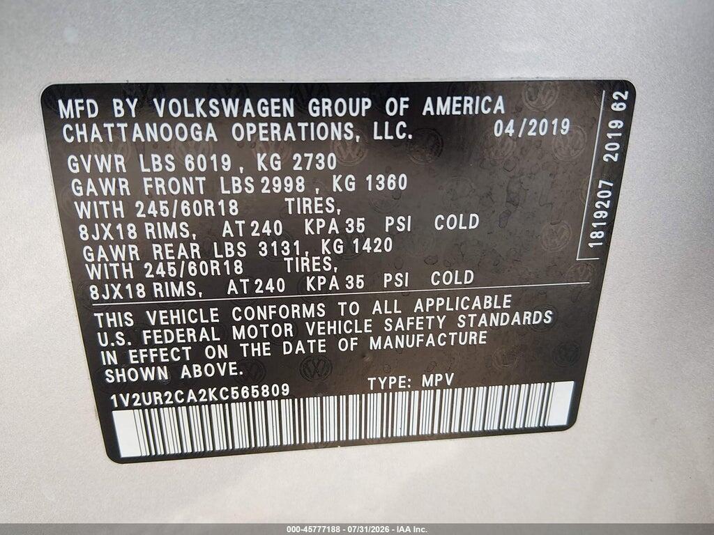 1V2UR2CA2KC565809 2019 VOLKSWAGEN ATLAS photo no. 9