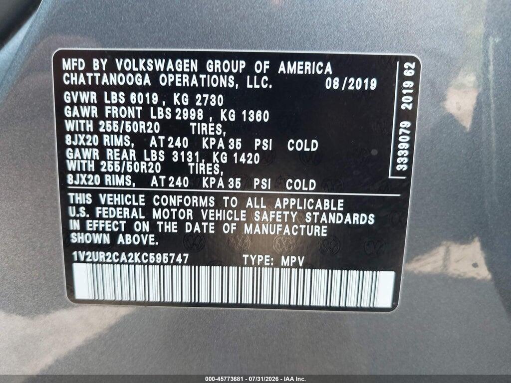1V2UR2CA2KC595747 2019 VOLKSWAGEN ATLAS photo no. 9