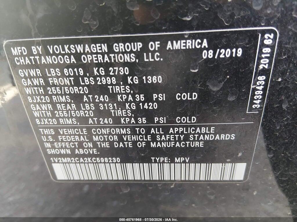 1V2MR2CA2KC598230 2019 VOLKSWAGEN ATLAS photo no. 9