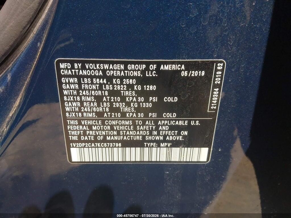 1V2DP2CA7KC573796 2019 VOLKSWAGEN ATLAS photo no. 9