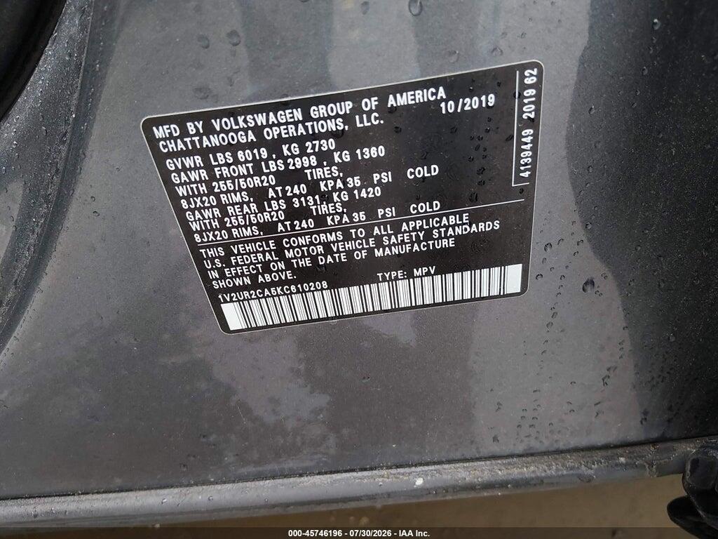 1V2UR2CA5KC610208 2019 VOLKSWAGEN ATLAS photo no. 9