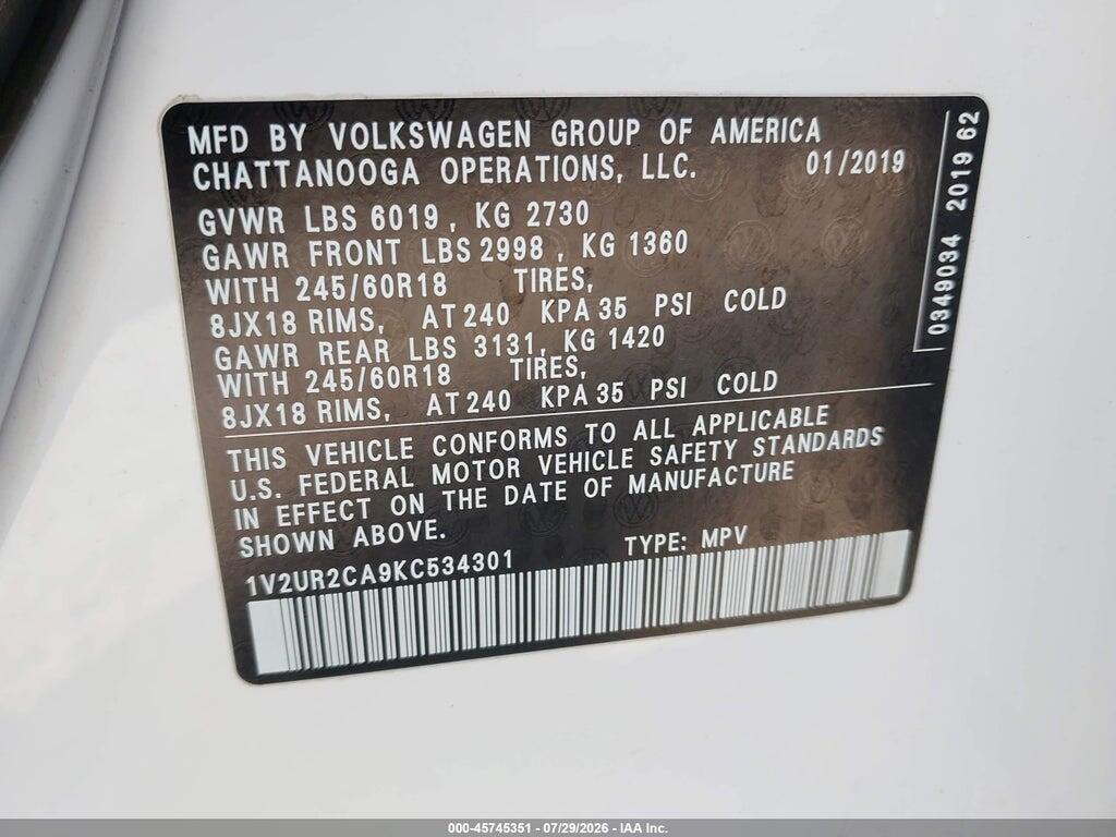 1V2UR2CA9KC534301 2019 VOLKSWAGEN ATLAS photo no. 9