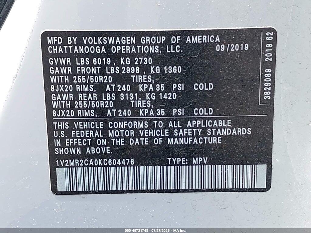 1V2MR2CA0KC604476 2019 VOLKSWAGEN ATLAS photo no. 9