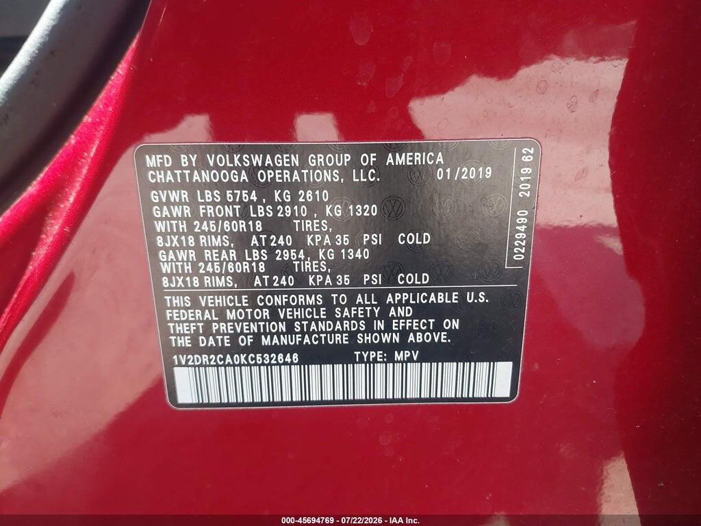 1V2DR2CA0KC532646 2019 VOLKSWAGEN ATLAS photo no. 9