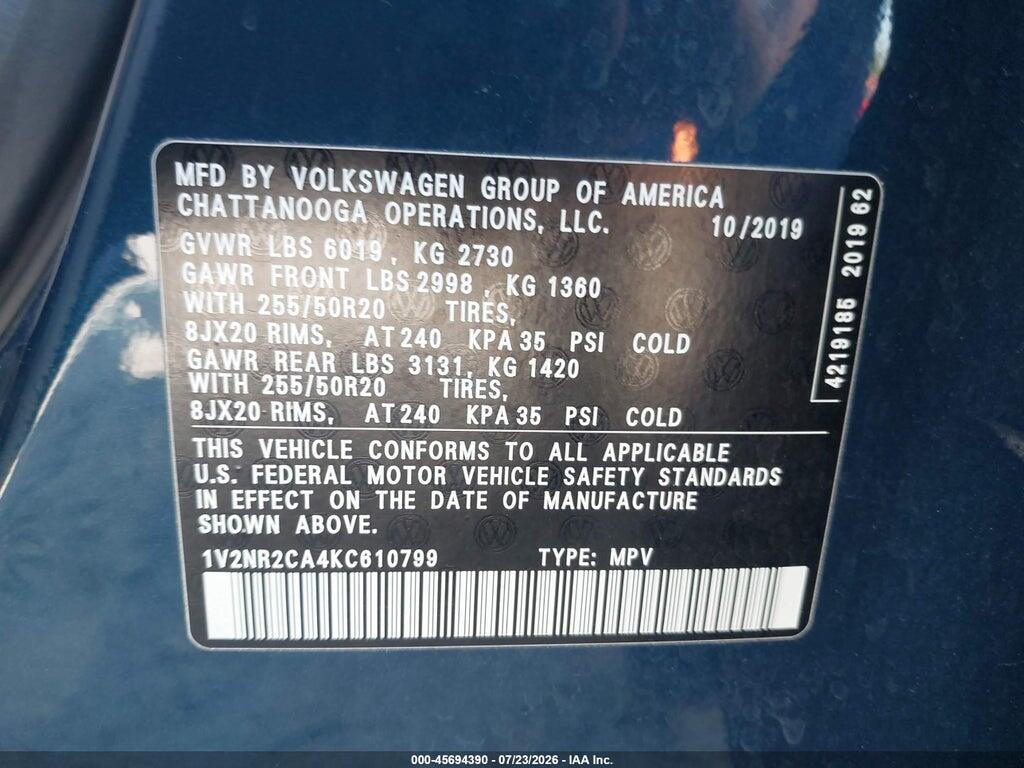 1V2NR2CA4KC610799 2019 VOLKSWAGEN ATLAS photo no. 9