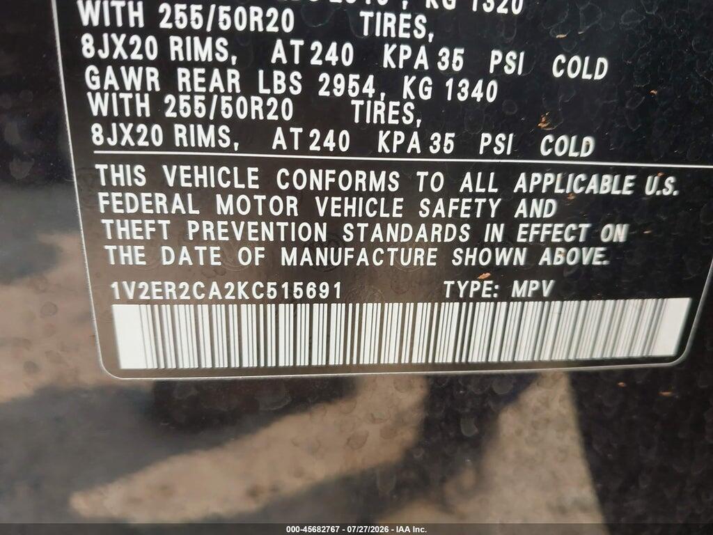 1V2ER2CA2KC515691 2019 VOLKSWAGEN ATLAS photo no. 9