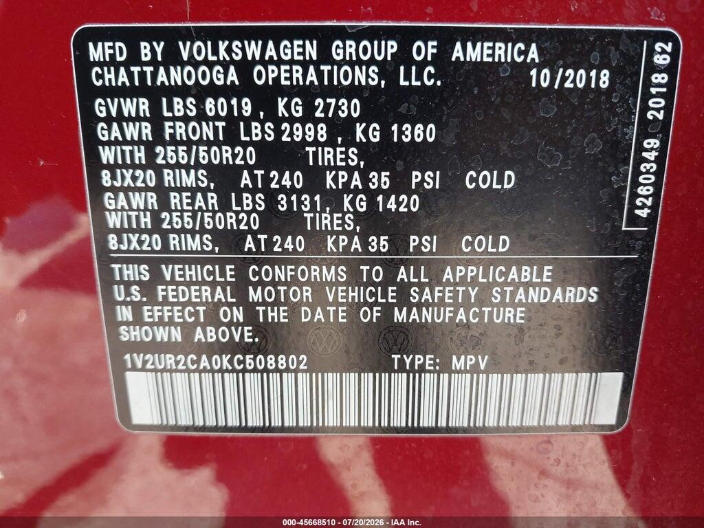 1V2UR2CA0KC508802 2019 VOLKSWAGEN ATLAS photo no. 9