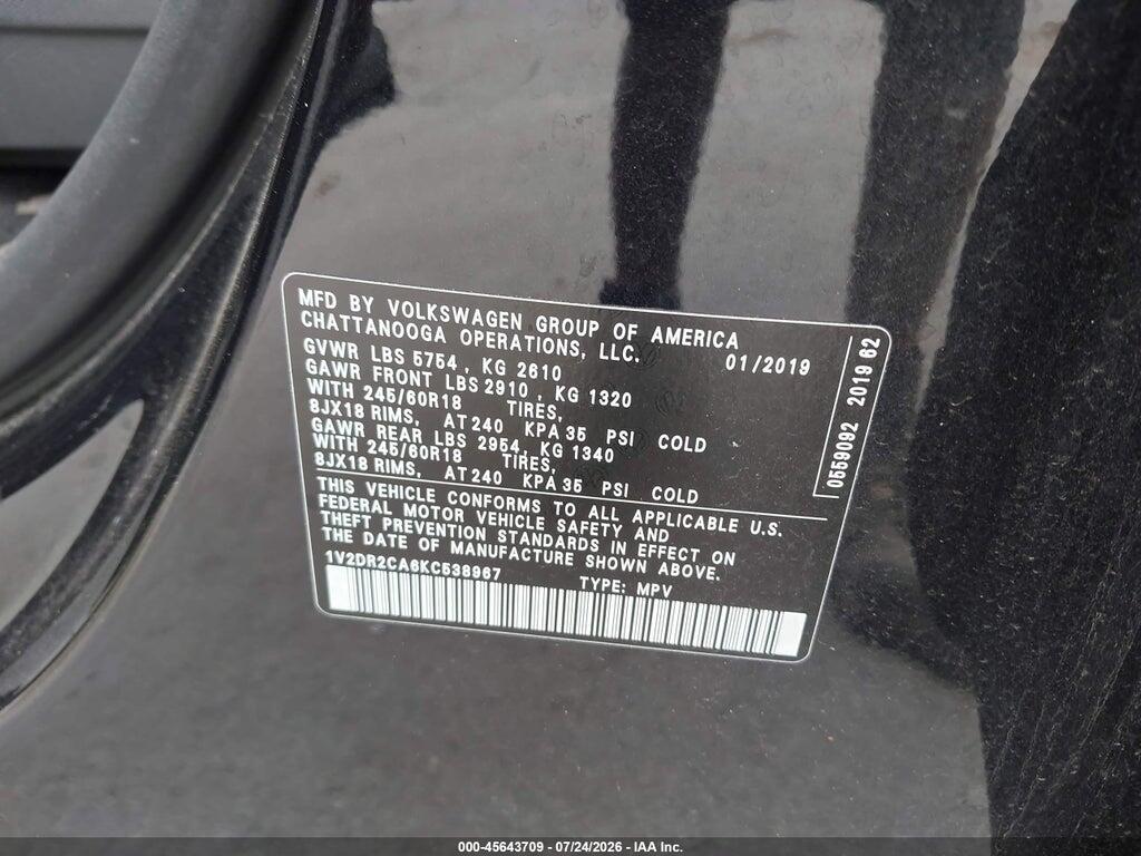 1V2DR2CA6KC538967 2019 VOLKSWAGEN ATLAS photo no. 9