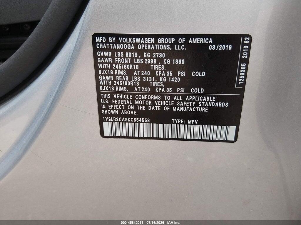 1V2LR2CA9KC554558 2019 VOLKSWAGEN ATLAS photo no. 9