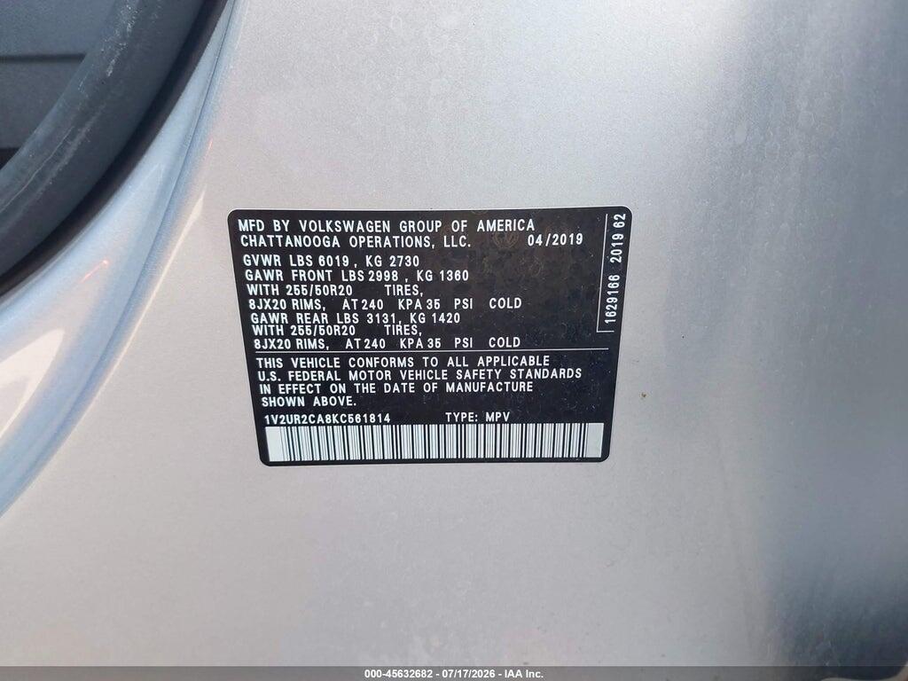 1V2UR2CA8KC561814 2019 VOLKSWAGEN ATLAS photo no. 9