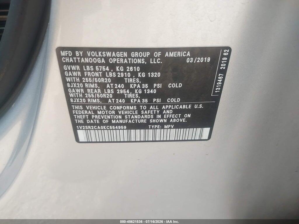 1V2SR2CA0KC554959 2019 VOLKSWAGEN ATLAS photo no. 9