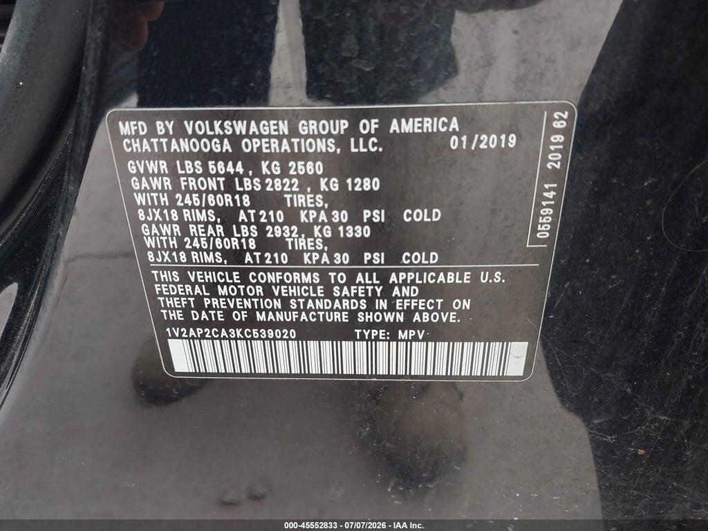 1V2AP2CA3KC539020 2019 VOLKSWAGEN ATLAS photo no. 9
