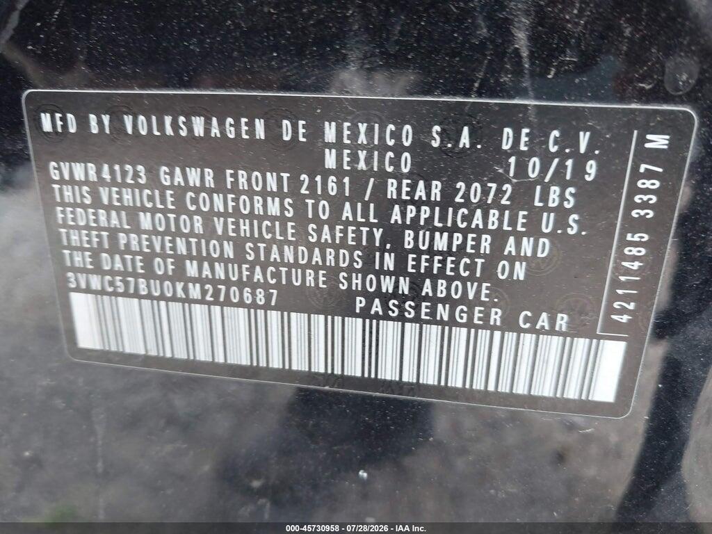 3VWC57BU0KM270687 2019 VOLKSWAGEN JETTA photo no. 9