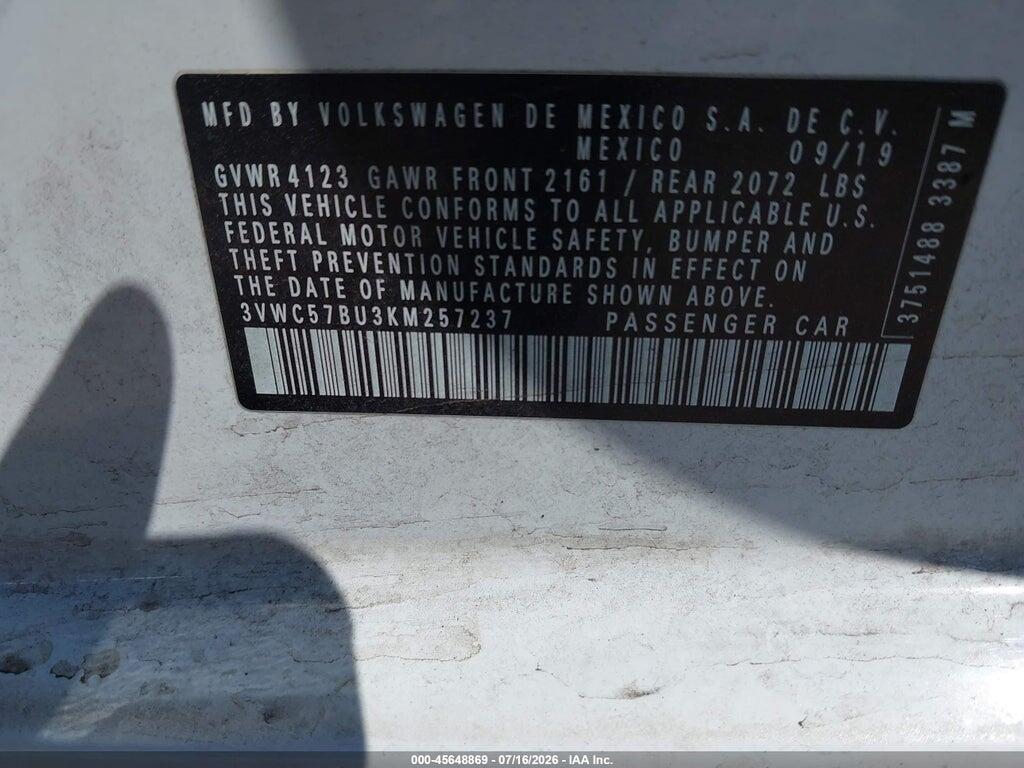 3VWC57BU3KM257237 2019 VOLKSWAGEN JETTA photo no. 9