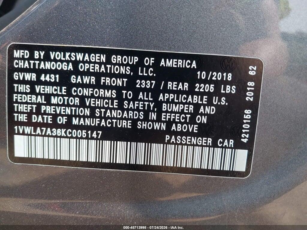 1VWLA7A36KC005147 2019 VOLKSWAGEN PASSAT photo no. 9