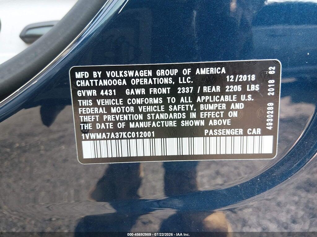 1VWMA7A37KC012001 2019 VOLKSWAGEN PASSAT photo no. 9