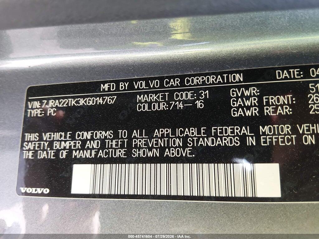 7JRA22TK3KG014767 2019 VOLVO S60 photo no. 9