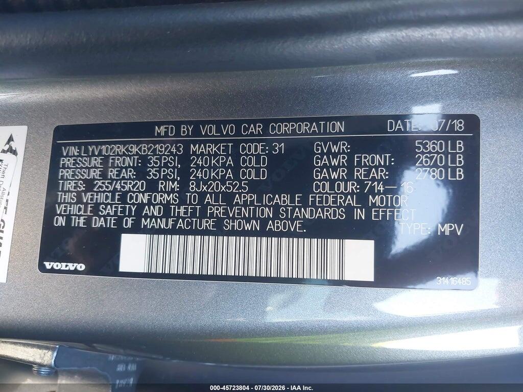 LYV102RK9KB219243 2019 VOLVO XC60 photo no. 9