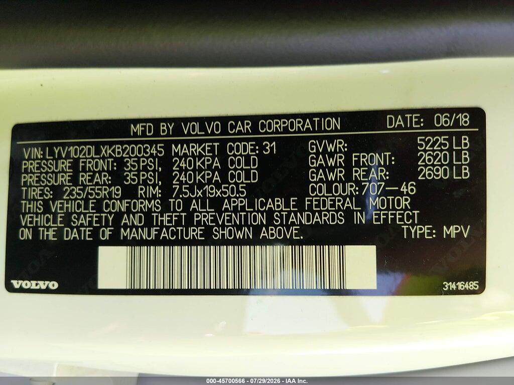LYV102DLXKB200345 2019 VOLVO XC60 photo no. 9