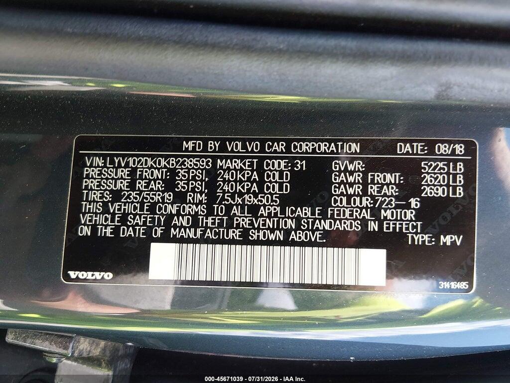 LYV102DK0KB238593 2019 VOLVO XC60 photo no. 9