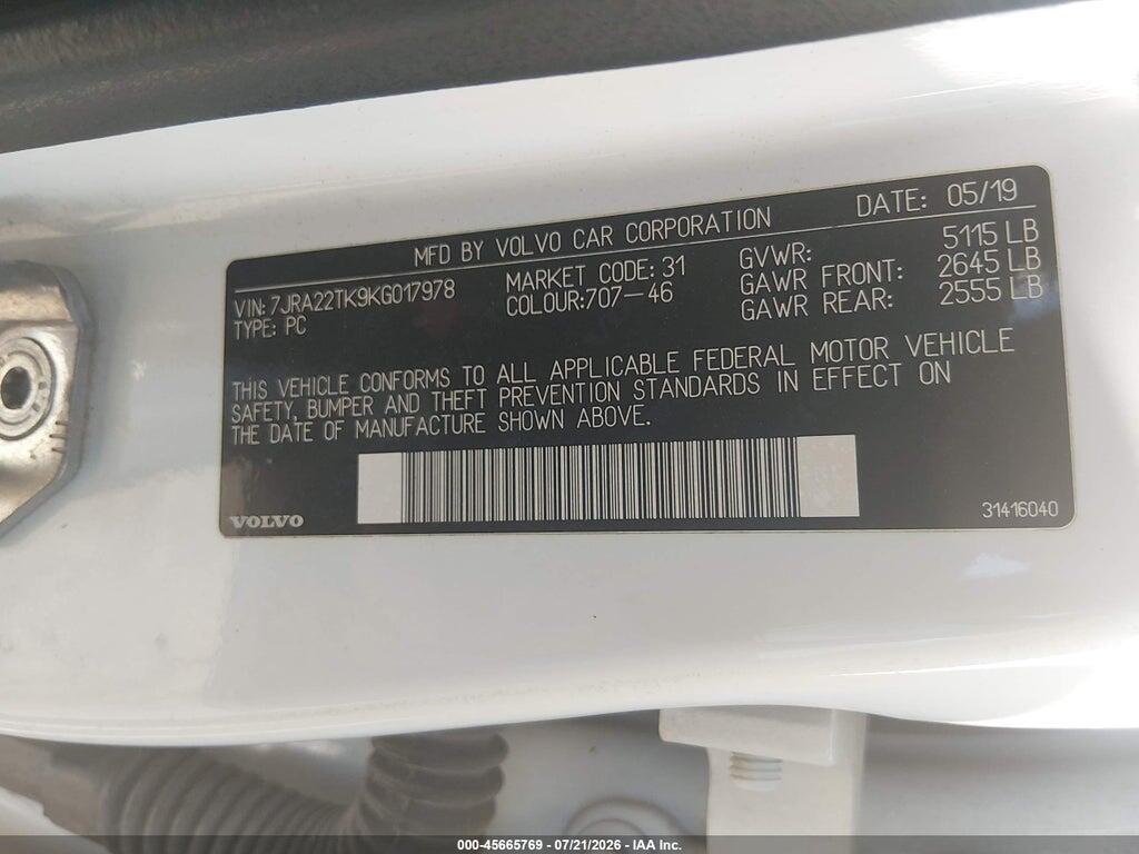 7JRA22TK9KG017978 2019 VOLVO S60 photo no. 9