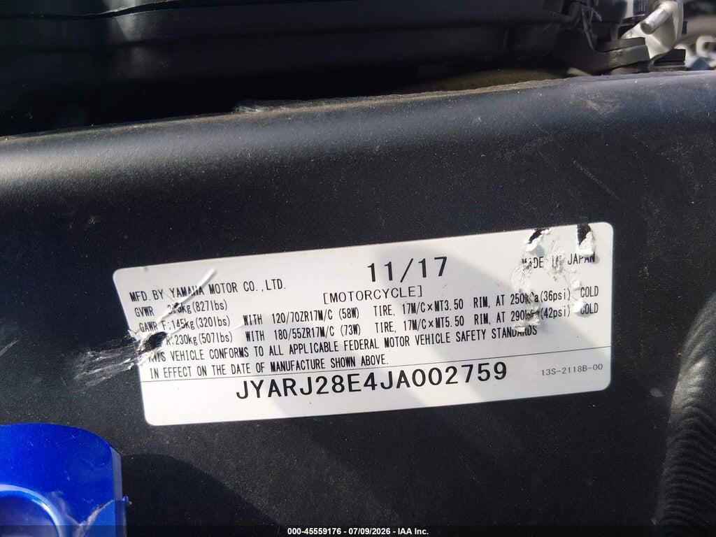 JYARJ28E4JA002759 2018 YAMAHA YZFR6 photo no. 10