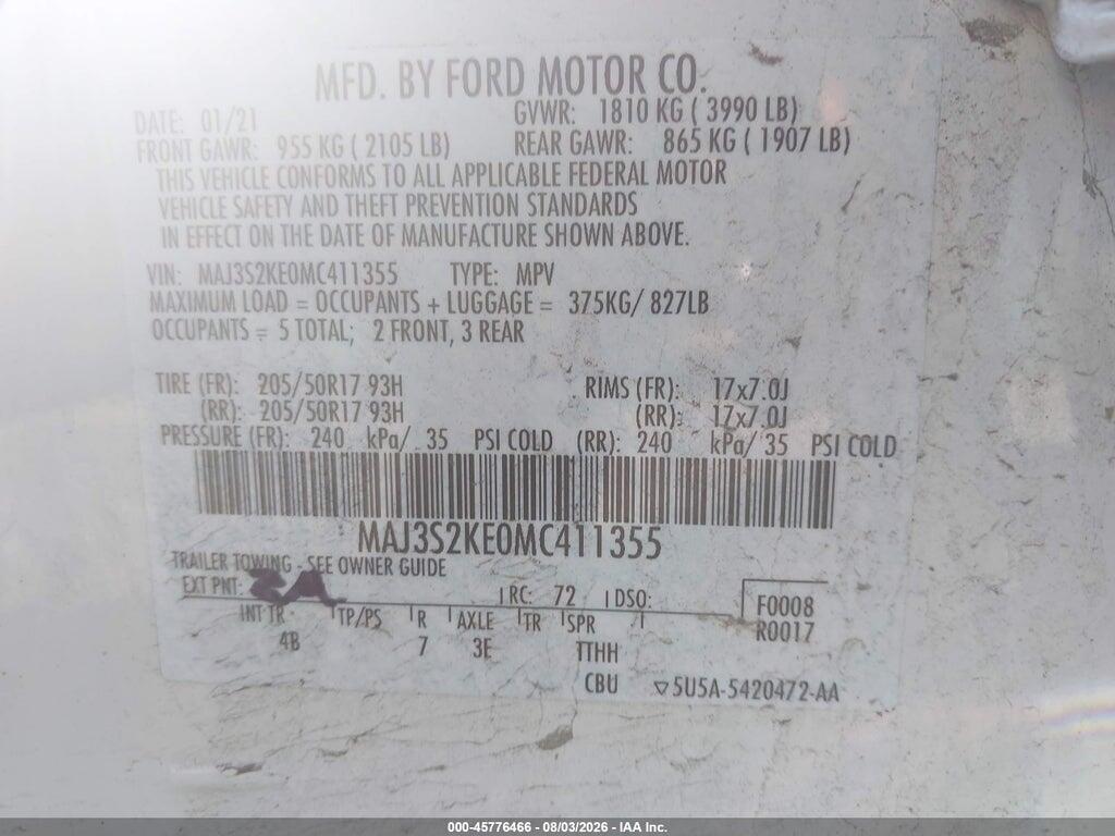 MAJ3S2KE0MC411355 2021 FORD ECOSPORT photo no. 9