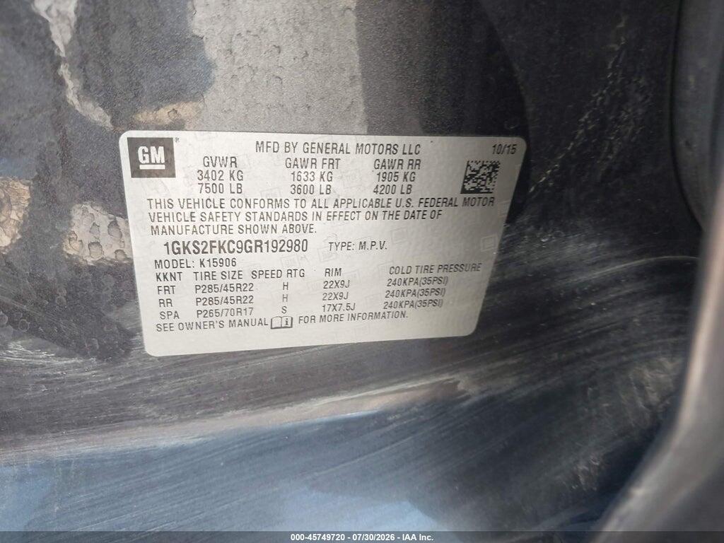 1GKS2FKC9GR192980 2016 GMC YUKON XL photo no. 9