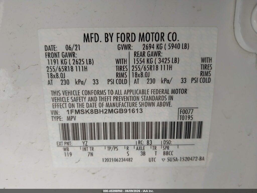 1FMSK8BH2MGB91613 2021 FORD EXPLORER photo no. 9