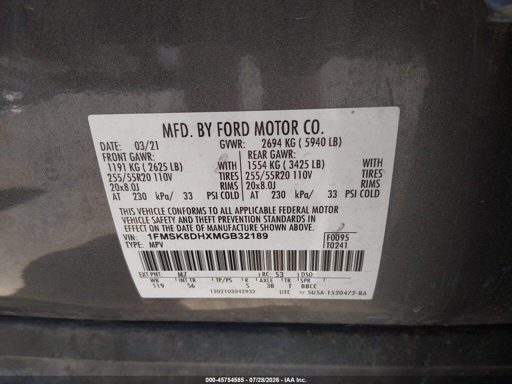 1FMSK8DHXMGB32189 2021 FORD EXPLORER photo no. 9