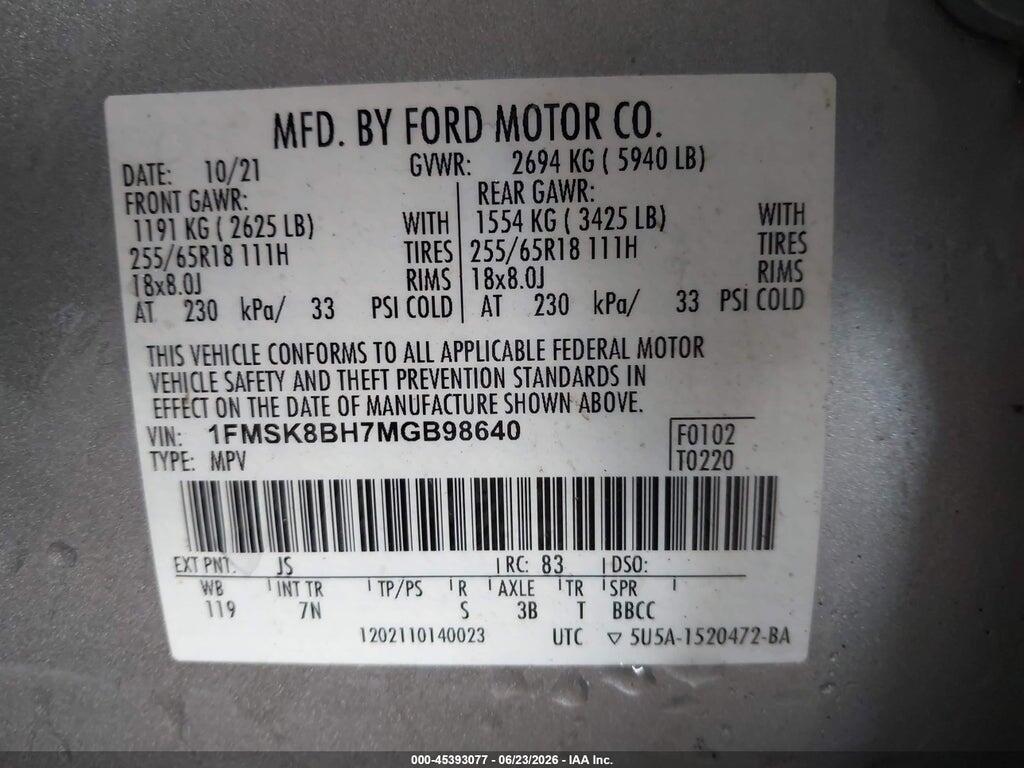 1FMSK8BH7MGB98640 2021 FORD EXPLORER photo no. 9