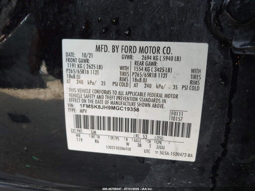 1FMSK8JH9MGC19358 2021 FORD EXPLORER photo no. 9