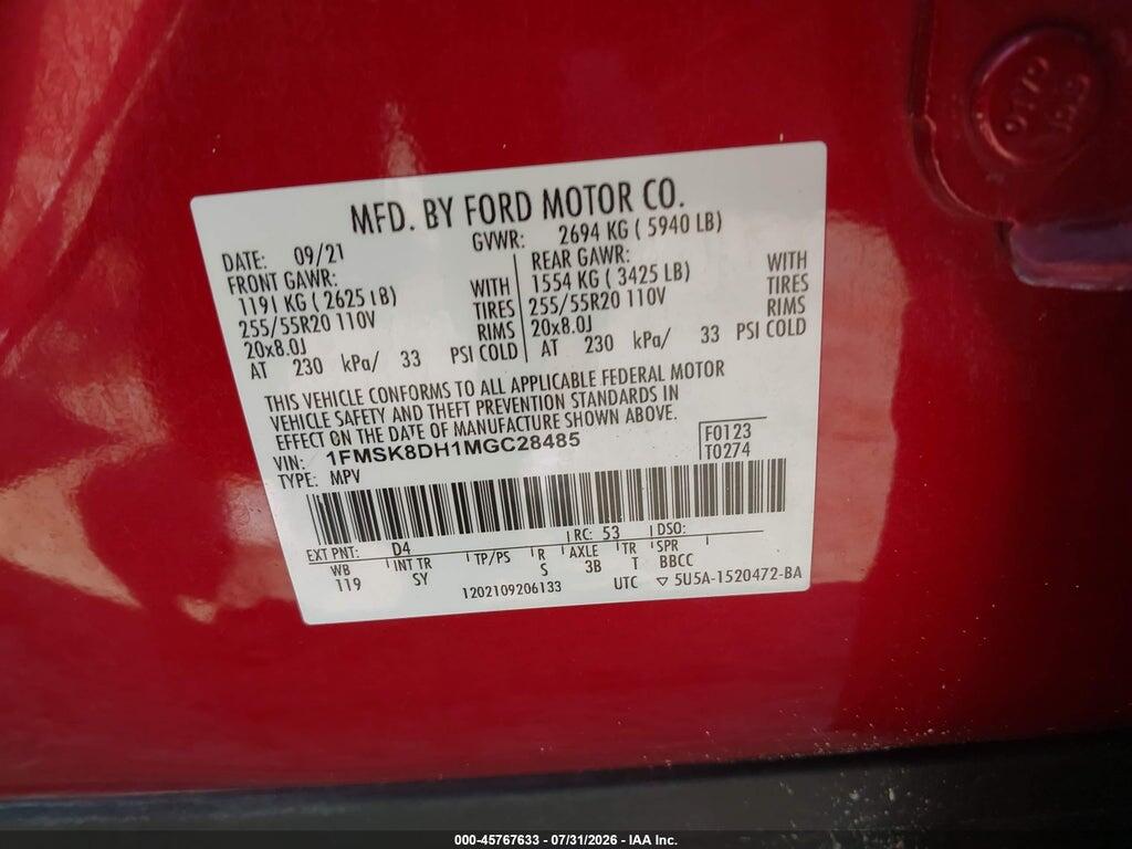 1FMSK8DH1MGC28485 2021 FORD EXPLORER photo no. 9