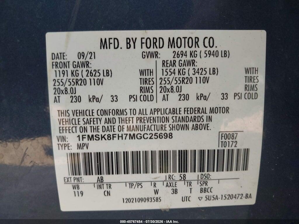 1FMSK8FH7MGC25698 2021 FORD EXPLORER photo no. 9