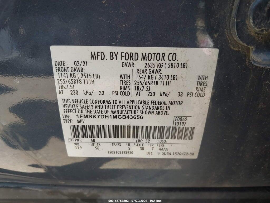 1FMSK7DH1MGB43656 2021 FORD EXPLORER photo no. 9