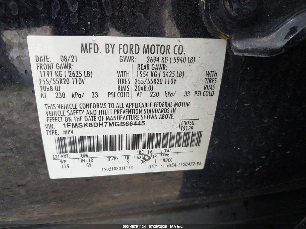 1FMSK8DH7MGB66445 2021 FORD EXPLORER photo no. 9
