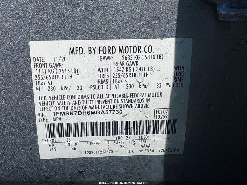 1FMSK7DH6MGA57730 2021 FORD EXPLORER photo no. 9